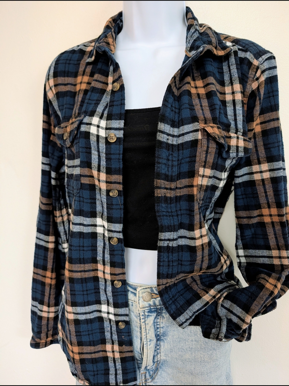 Plaid Flannel Shirt Jacket - Navy & Brown